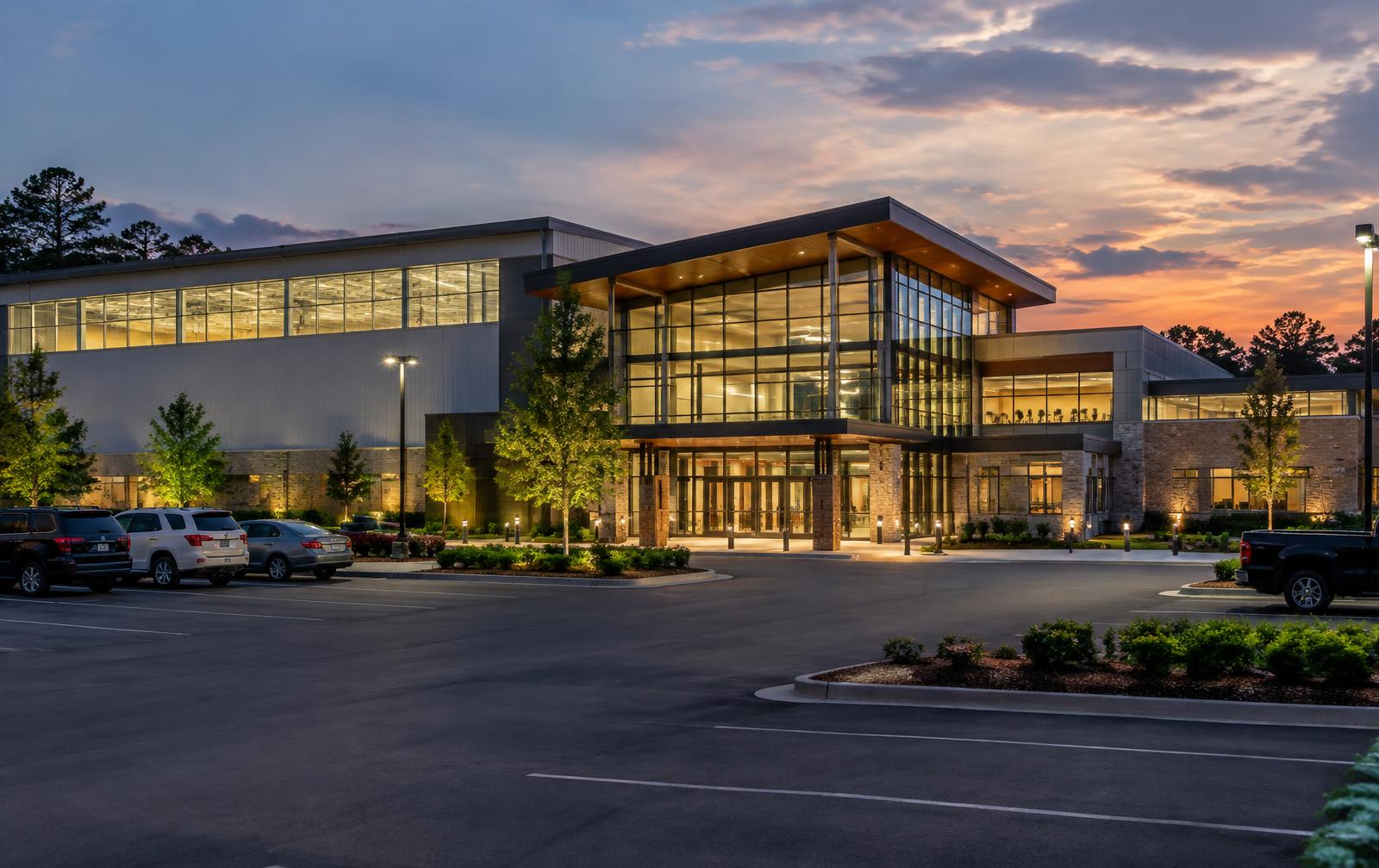 Modern sports facility exterior at dusk (representative)