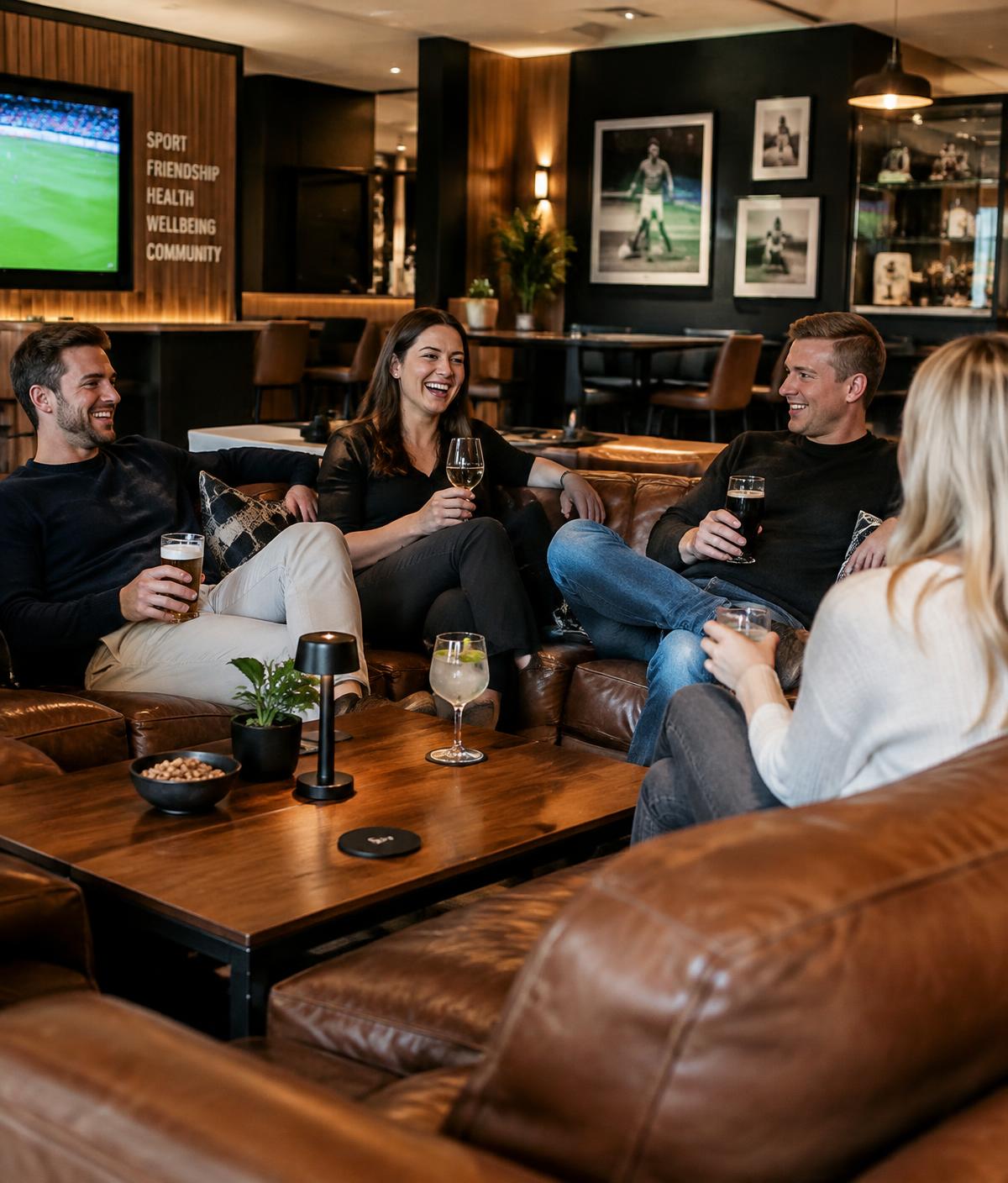 Friends laughing over drinks in a modern sports-club lounge